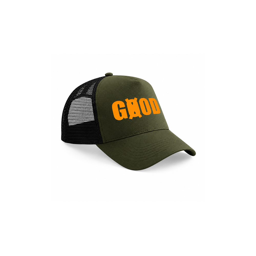 Casquette trucker kaki logo sérigraphié blanc GOODGOD Paris