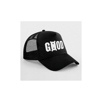 Casquette trucker noire logo sérigraphié blanc GOODGOD Paris